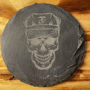 (SET OF 4) USMC SKULL, CUSTOM SLATE STONE COASTERS (FOUR PACK)